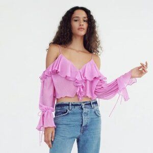 Zara Pleated Ruffle Top Size Small Cold Shoulder Crop Top Pink Feminine Chic NEW